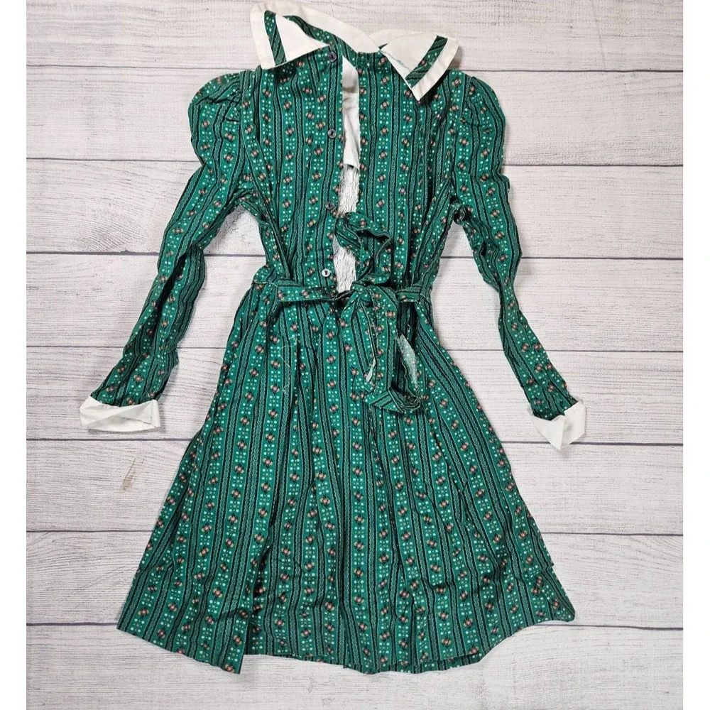 Polly Flinders Dress Girls Size 10 Green Cotton Floral Peter Pan Collar